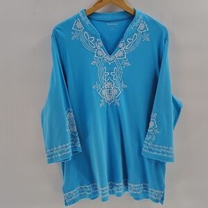 North Style Cotton Tunic Top size 1X white Embroidered Stitching V Neckline